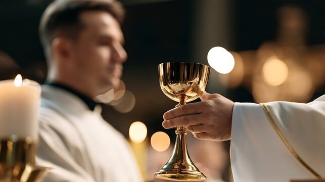 Priest celebrating a religious ceremony, holding a golden chalice during the holy communion, symbolizing faith and christianity in a sacred church setting