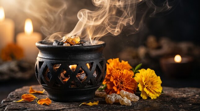 Copal incense burning in burner with marigold flowers
