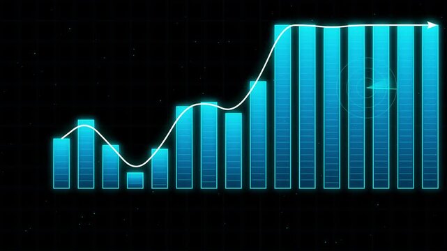 Blue bar chart graphic showing upward financial growth trend line