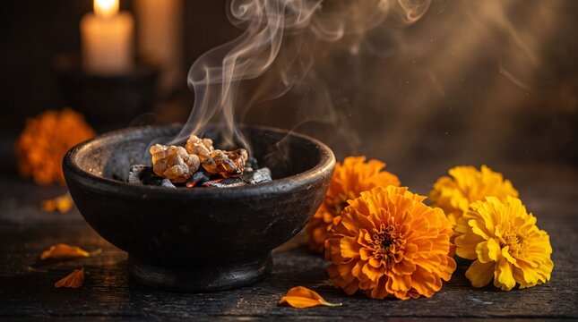 Copal incense smoking in clay bowl with marigolds on wood