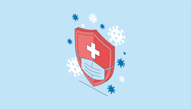 Red medical shield wearing a surgical mask and surrounded by virus particles representing immunity and protection.