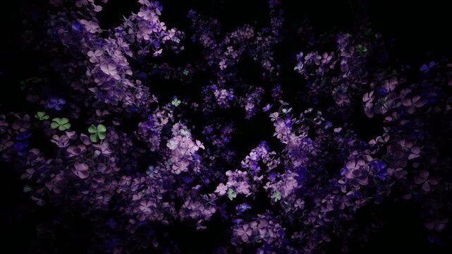 Purple Hydrangea Blossoms Drift Gently Against Black Background in Cinematic Slow Motion Floral Animation
