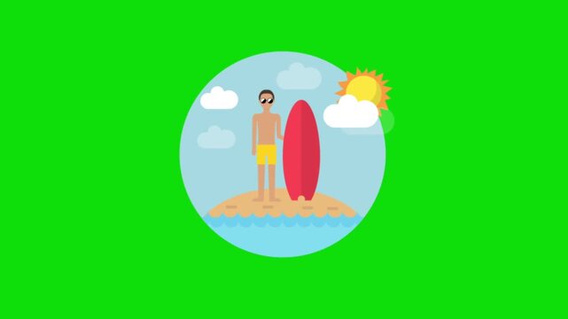 Flat vector animation of a surfer standing on a tropical island next to a red surfboard with sunglasses under the sun inside a circular frame on a green screen background