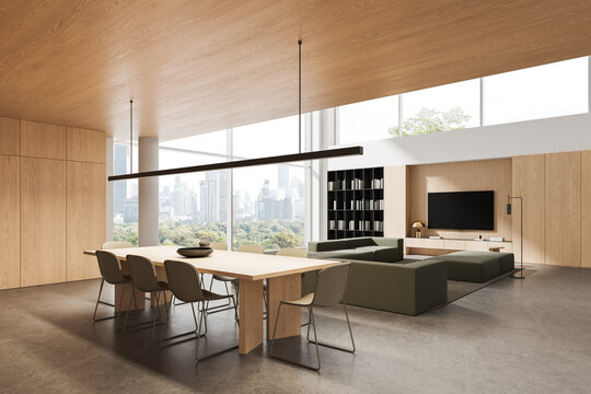 Contemporary open-plan apartment interior with warm wood ceiling, dining table, lounge seating, panoramic city windows and refined design. 3D Rendering