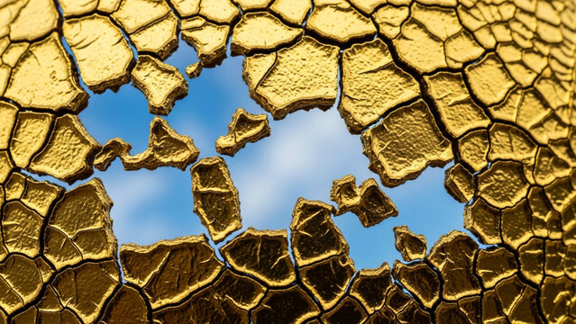 Golden cracked surface revealing blue sky and clouds