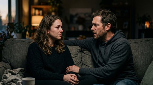A distressed couple sits together on a living room sofa, navigating the painful emotional reality of a divorce as they talk through their difficult relationship issues and unresolved