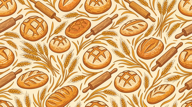 A repeating seamless pattern featuring illustration of baked bread loaves wooden rolling pins and wheat stalks