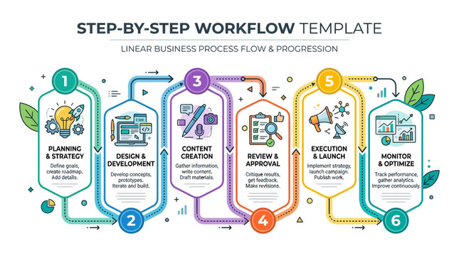 A linear sixstep business workflow infographic featuring numbered colorful icons and process descriptions