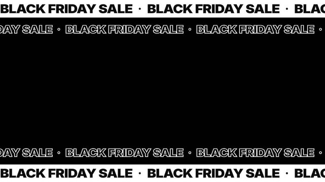 Black Friday Sale scrolling text banner overlay, white top and bottom bars with bold black text on transparent alpha background. Seamless HD loop to place over footage and ads.