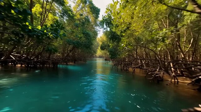 Camera glides through a narrow turquoise waterway surrounded by dense mangrove trees, exposed roots, and sunlit tropical foliage in a peaceful natural wetland