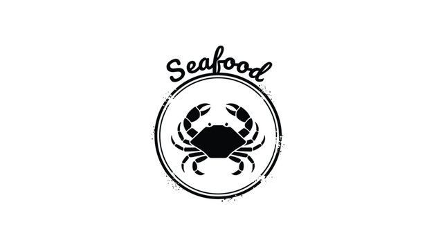 Black and white circular seafood logo featuring a stylized crab icon with textured borders on a white background.