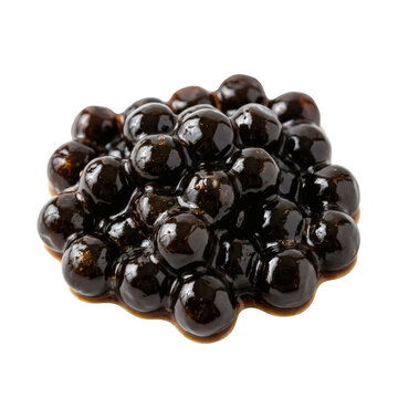 Pile of shiny black tapioca pearls coated in sweet brown sugar syrup, delicious boba toppings for bubble tea milk drinks, isolated on transparent background for food design and composition.