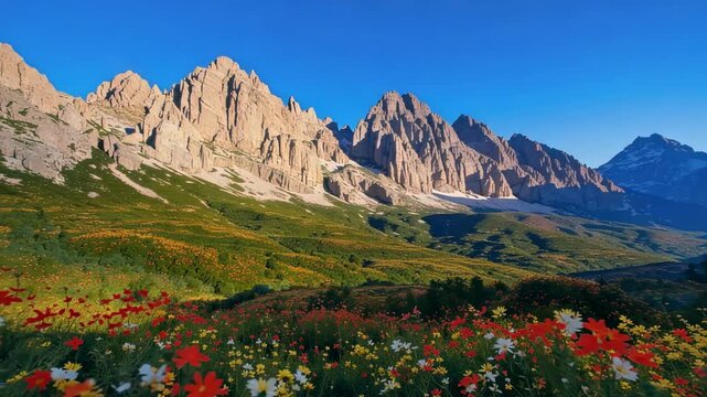 Dramatic mountain range and colorful wildflower meadow transition through sunrise, golden light, and clear blue daylight in a scenic alpine landscape