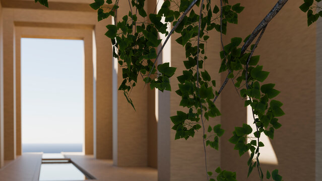 Green leaves hanging near modern arched doorway with water feature