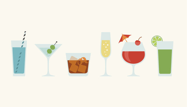 Assorted colorful tropical cocktails and drink glasses including margarita, martini, and whiskey with ice in a neat row.