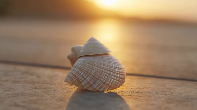 Ridged seashell rests on wet sand beside calm ocean water at sunset. Travel promotion, coastal tourism advertising, and wellness campaigns.