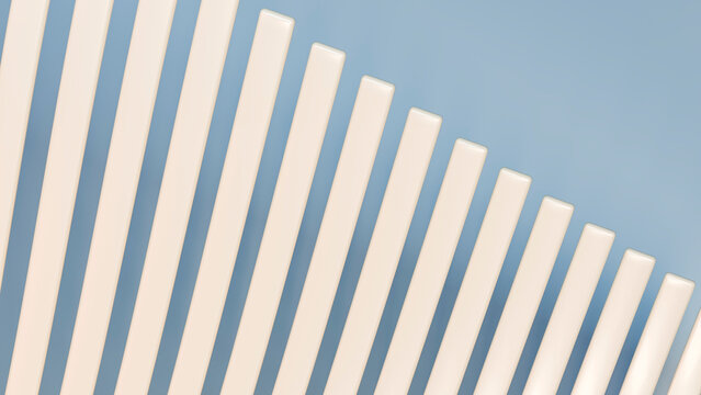 Abstract arrangement of vertical cream rods on blue background