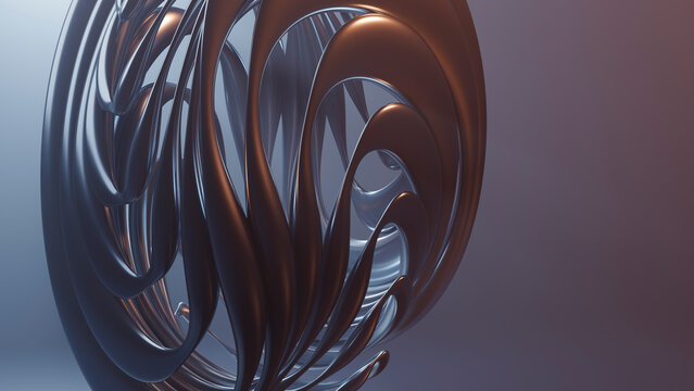 Abstract digital sculpture with twisted metallic loops and smooth