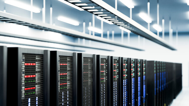 Rows of black server racks in a modern data center technology room