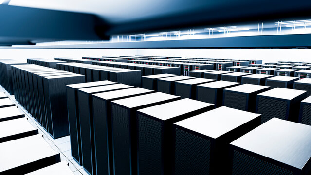 Data center interior with rows of server racks and computer servers