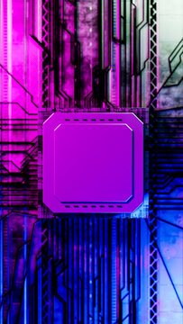 Microchip on circuit board with purple and blue digital background