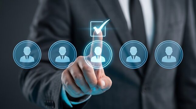 Professional businessman in dark suit selecting qualified candidate with digital checklist interface in modern office