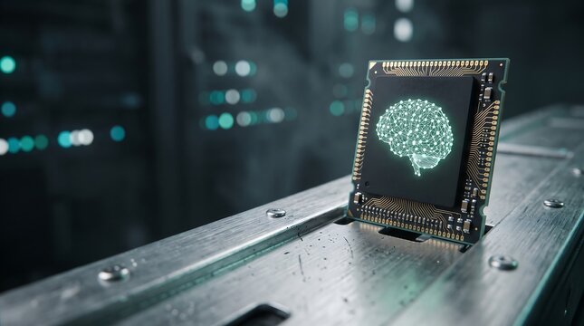 Artificial intelligence brain chip glowing on computer processor in server room for technology and data concept