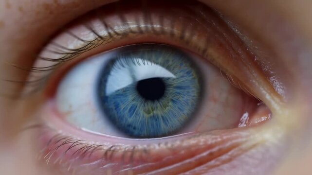 Extreme close-up of a blue human eye opening with detailed iris, pupil, eyelashes and eyelids. Ophthalmology advertising, optometry services, and eye care campaigns.