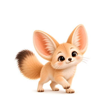 Cute Baby Fennec Fox Standing with One Paw Raised on White Background