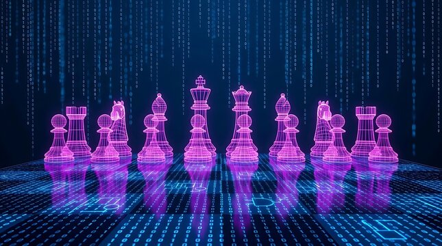 Glowing pink wireframe chess pieces standing on a digital binary code board with blue neon lights