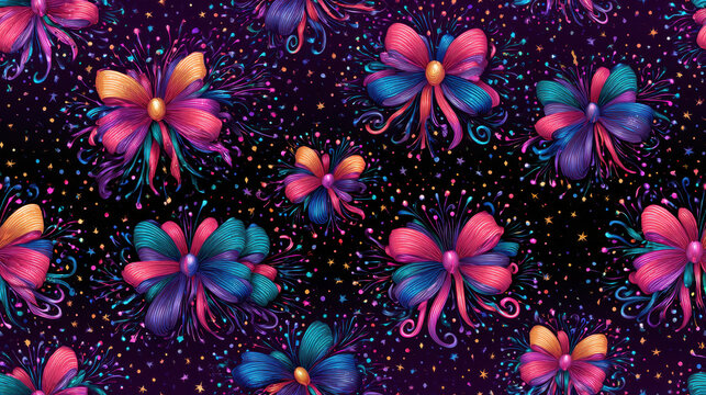 Seamless festive pattern of vibrant multicolored ribbon bows in pink, blue, turquoise and orange with swirling decorations, stars and confetti on a dark background