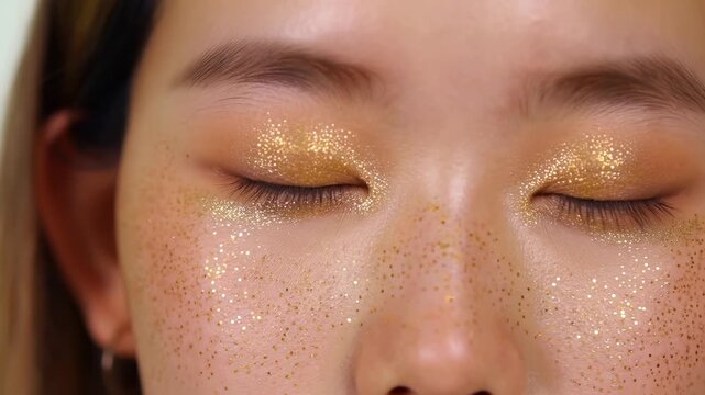 Woman with gold glitter eye makeup blinks in an extreme close-up beauty studio portrait. Beauty product advertising, cosmetics campaigns, and makeup tutorials.