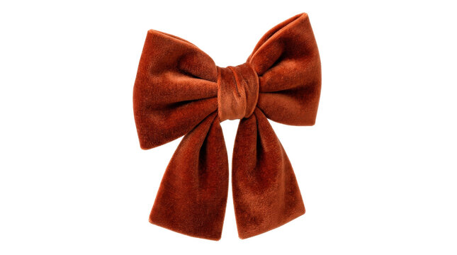 Terracotta velvet bow &mdash; Photorealistic terracotta velvet bow, plush fabric loops with rich matte pile and elegant symmetrical tails; front three-quarter view, razor-sharp textile detail,