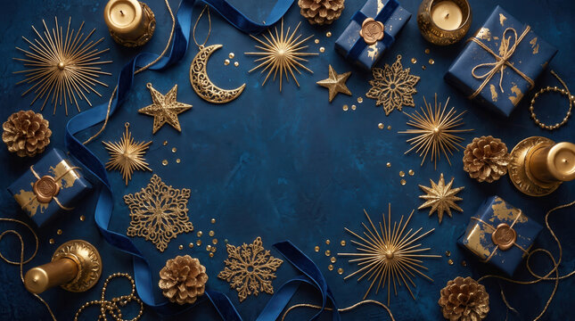 Blue and gold Christmas gifts with star decorations on a navy blue background