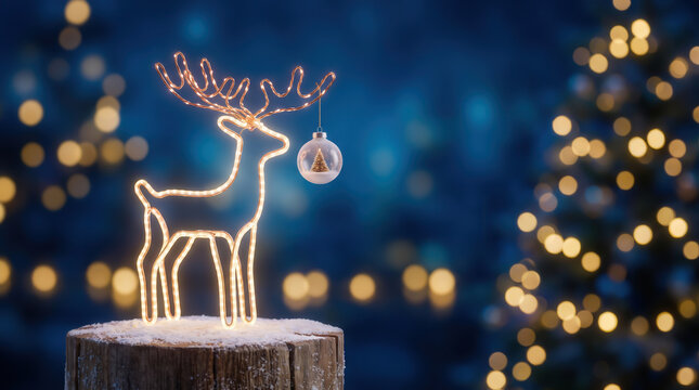Glowing wire reindeer decoration on snowy wood stump with blue bokeh background