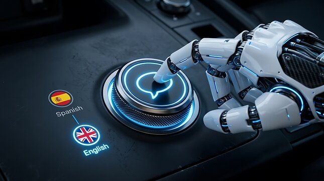 Advanced robotic hand pressing glowing dashboard control button inside modern luxury autonomous vehicle