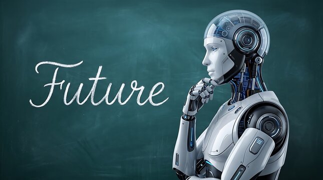 Advanced humanoid robot pondering deeply beside handwritten text on a dark green chalkboard background