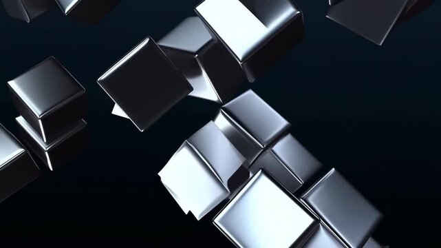 Floating metallic cubes rotate through dark abstract space. Technology presentation, luxury branding opener, and corporate title sequence.
