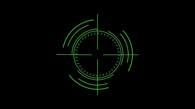 Bright green digital target sight crosshair icon with circular hud elements on a dark black background for gaming interface and military aiming system graphic design element
