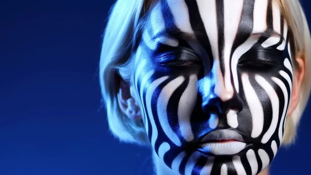 Woman with zebra face paint looks into camera in a dramatic studio portrait. Beauty advertising, makeup artist portfolio, and fashion editorial.