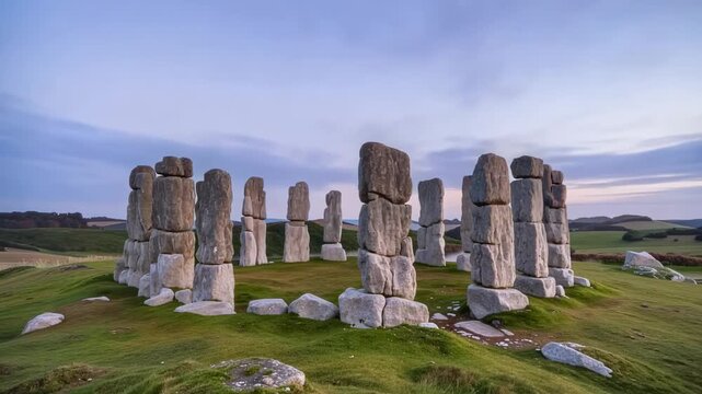 Stone circle emerging from night into daylight with stars, drifting mist, rugged stacked pillars and open green landscape at an ancient stone monument