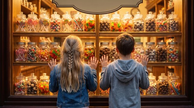Young girl and boy standing outside a candy shop window looking at rows of glass jars filled with colorful sweets and lollipops on wooden shelves