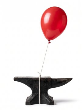 Heavy iron anvil tied to a floating red balloon on white background, paradox and lifting heavy burden concept.