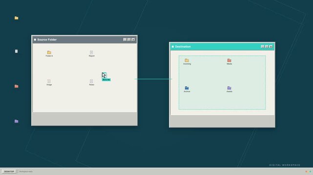 File Transfer Interface Showing Digital Documents Moving Between Folder Windows on a Desktop