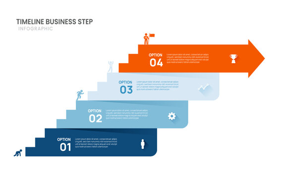 Business Success Staircase Infographic with Icons and 4 Steps, Arrow label Template for Process, Strategy, Goals, and Corporate Growth Presentation.