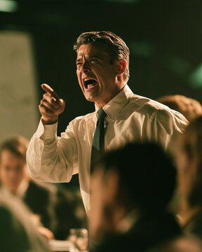 Passionate Speaker in Assembly: A man in a white shirt and tie passionately addresses a crowd, his face contorted in an intense expression of urgency and conviction as he gestures with his finger.