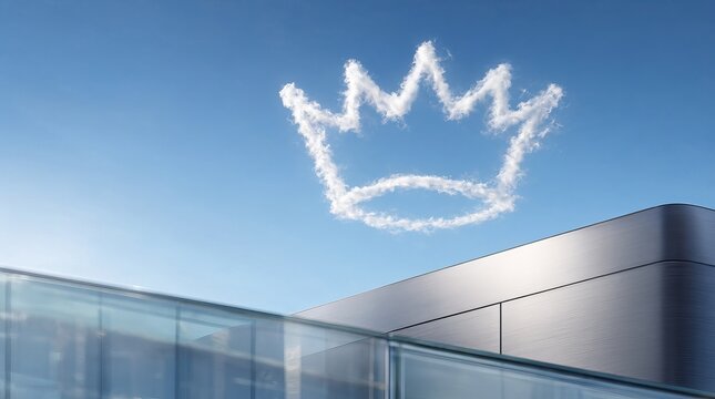 Minimalist sky banner featuring a white crown shaped cloud above modern luxury metal architecture