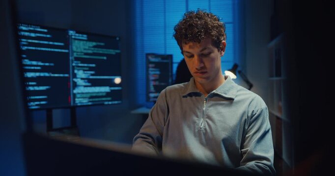 Group Adult male, female freelance typing write prompt AI bot IT app smart program nomad, video game, terminal with coding language, designer, big data center on desktop computer in office at night.