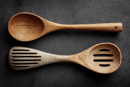 Two wooden spoons, one slotted, on dark surface