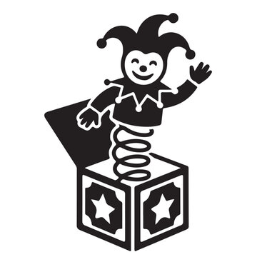 Black silhouette of a jack-in-the-box with smiling jester and spring